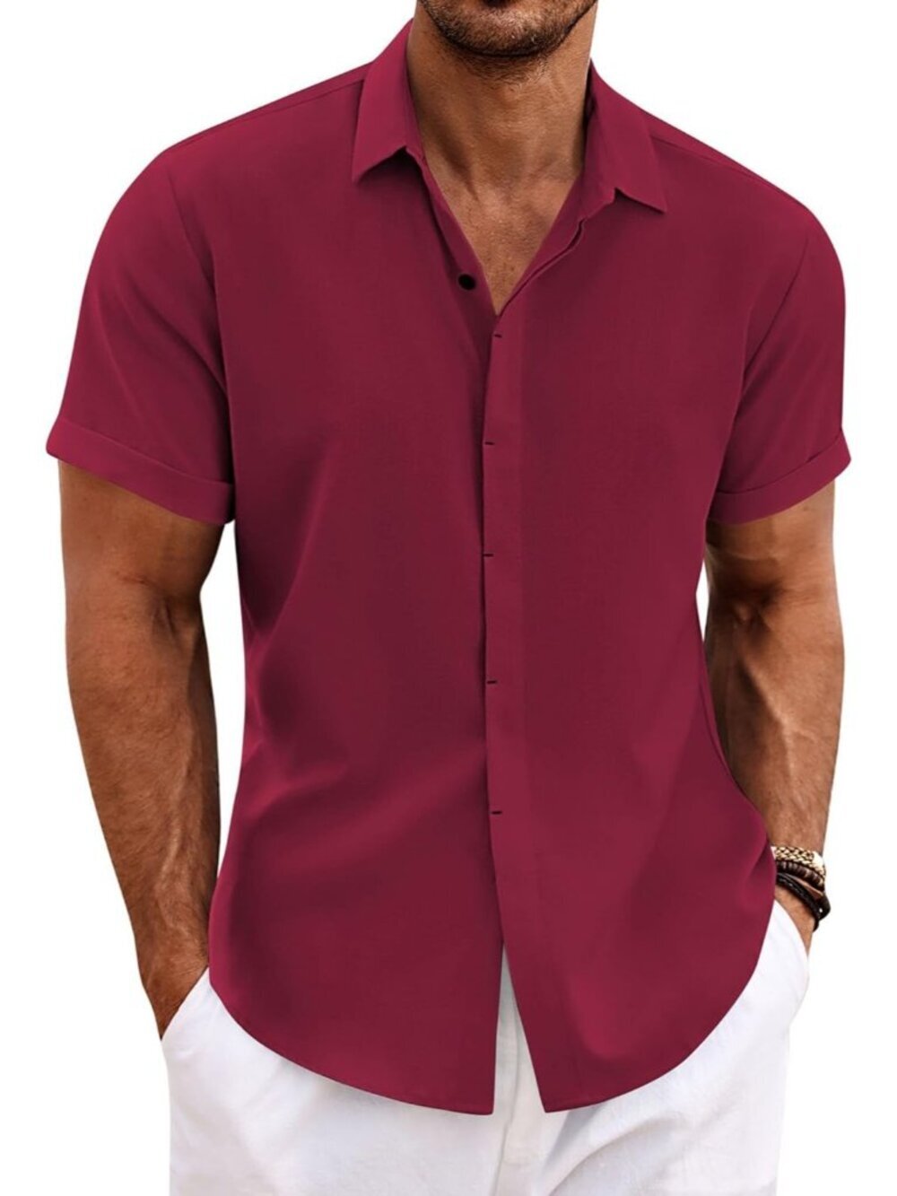 Men's Wine Red Classic Beach Linen Sleeve Casual Imported Button Dow Shirt